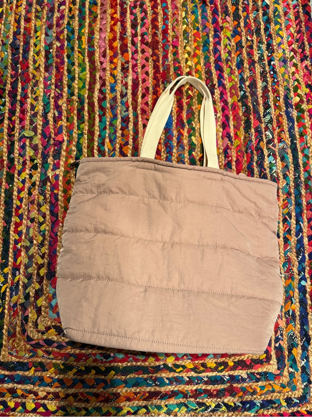 Anthropologie Mauve Quilted Tote Bag with Cream Handles